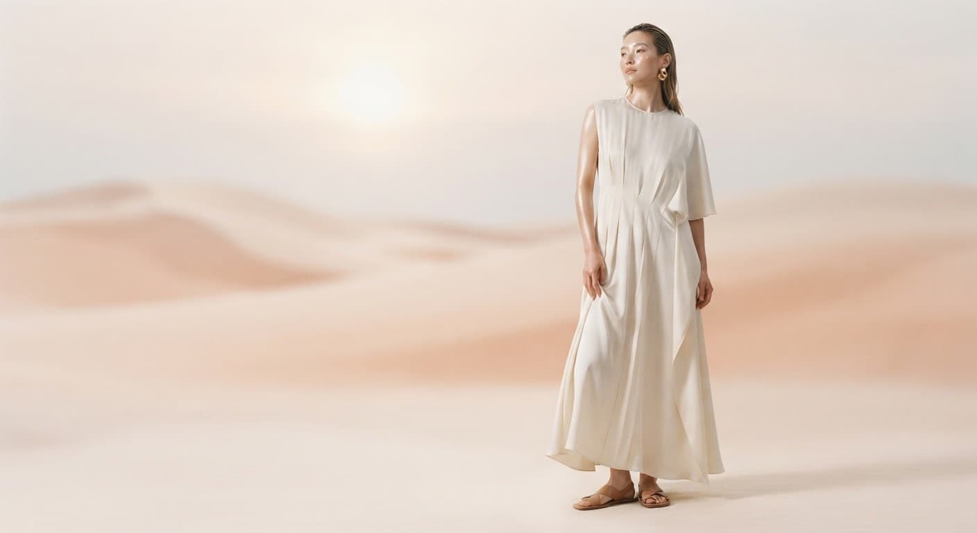 Model in soft morning light wearing a luminous, natural skincare finish