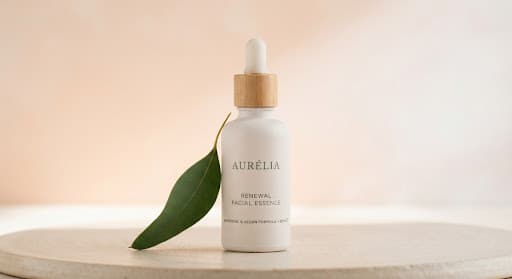 Essence bottle against a peach and ivory background