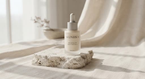 Frosted skincare bottle on pale stone and folded linen